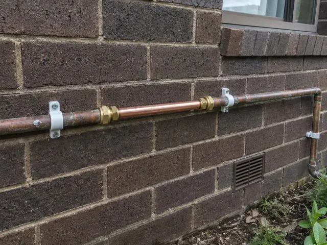 Repaired copper water pipe on a brick exterior wall with pipe straps in Thornton